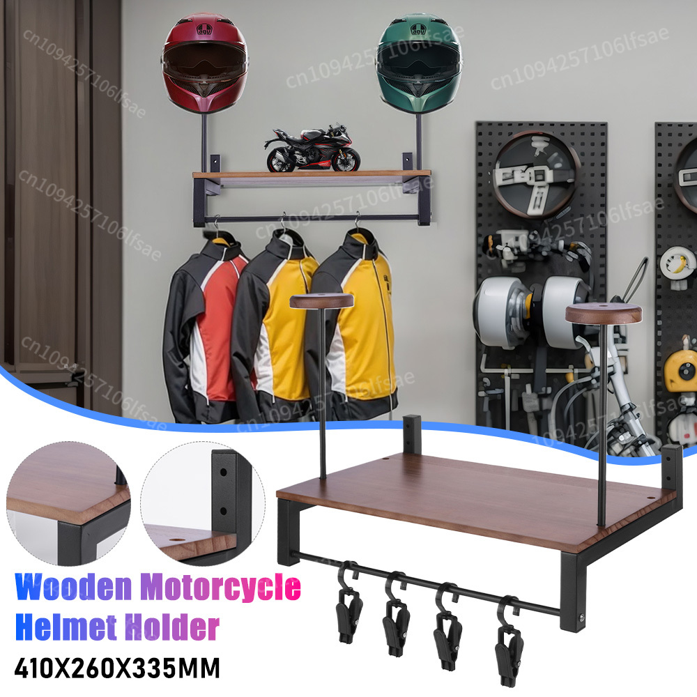 Motorcycle Gear Display Rack - Holz-Display-Rack für Motorrad-Zubehör, Wandhalterung, Helm-Aufhänger mit