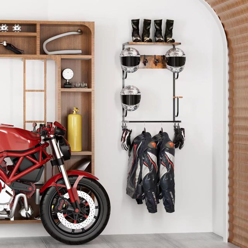 Motorcycle Gear Display Rack - Wandmontierte Holz-Helmhalterung Motorradhelm-Ausstellungsständer Aufhänger für Rennausrüstung